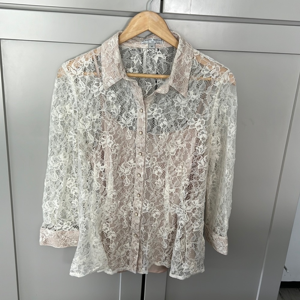 Alberto Makali Lace Cream Blouse w/ Under Top Button Down Classy Elegant Medium